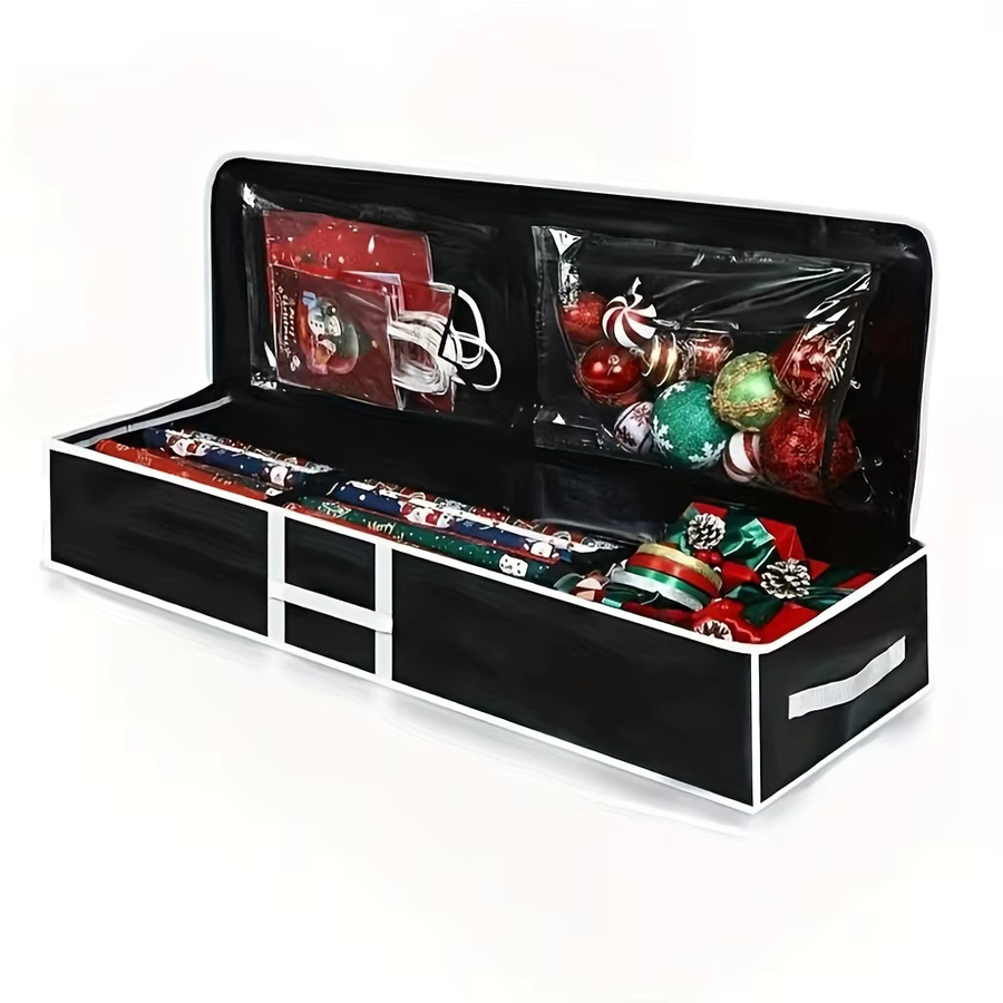 Robuste Weihnachtsgeschenk-Aufbewahrungstasche aus Kunststoff in Schwarz mit Band und Dekorationen - Bild 2
