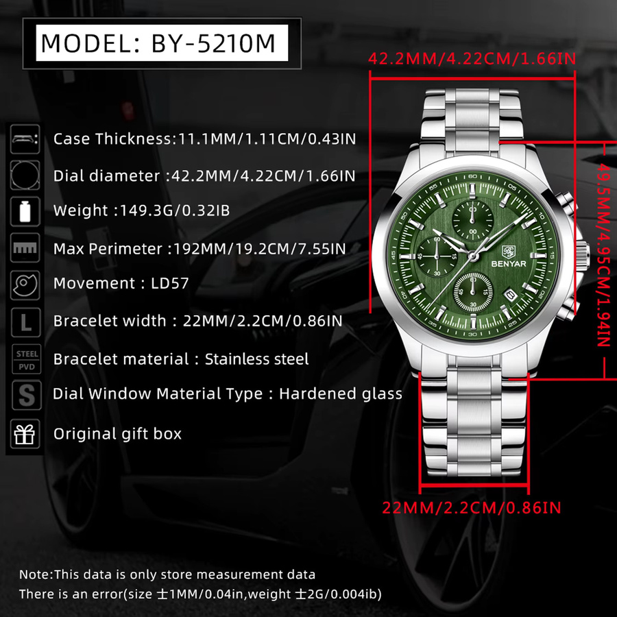BENYAR Chronograph, Armbanduhr Quarz, Edelstahl, Herren, Grün, Schwarz - Bild 5