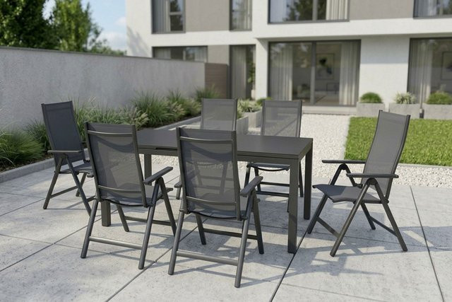 Siena Garden Miros Garten-Essgruppe aus Aluminium und Glas in Anthrazit mit Ausziehtisch und 6 Klappstühlen - Bild 1