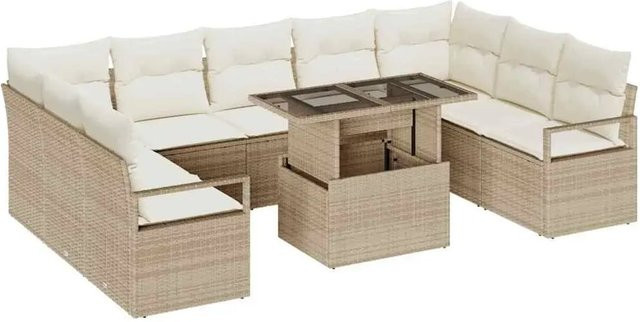 vidaXL Garten-Sofa-Set aus Polyrattan in Beige mit 10-teiligem Zubehör, U-Form und integriertem Stauraum für Kissen - Bild 1
