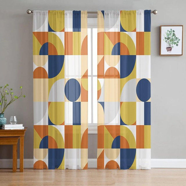 A Family Of Home Textiles Transparente Tüll-Vorhänge im Nordischen Retro-Design mit geometrischem Muster, 2er-Set, Breite: 135 cm, Höhe: 160 cm - Bild 1