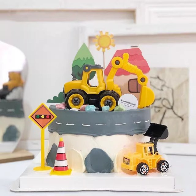 WEIGAO Baufahrzeug Kuchen Dekoration Set mit Bagger, Bulldozer und Kran in Gelb - Bild 1