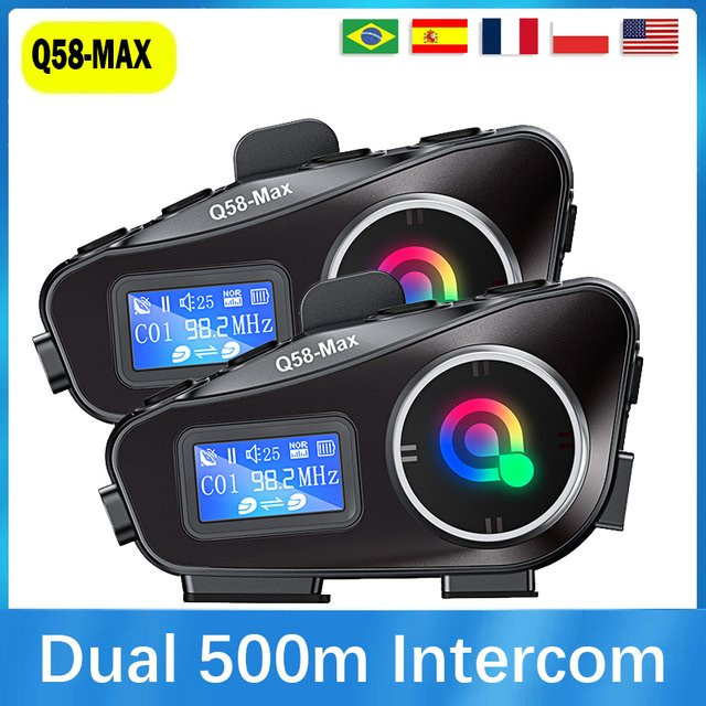 XINOWY Q58-Max Motorrad Bluetooth Helm Intercom Headset mit LCD-Display und Taschenlampe, Schwarz, Reichweite 500m für 2 Fahrer - Bild 1