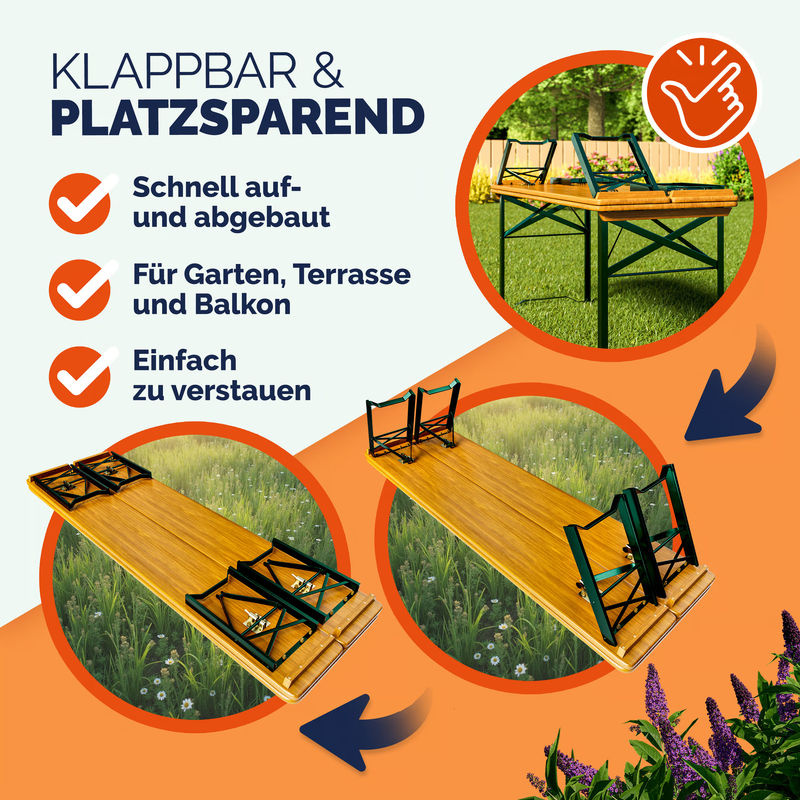 Casaria Bierzeltgarnitur 3-teilig klappbar in Braun aus Holz und Stahl für 8 Personen, Breite: 170 cm - Bild 5