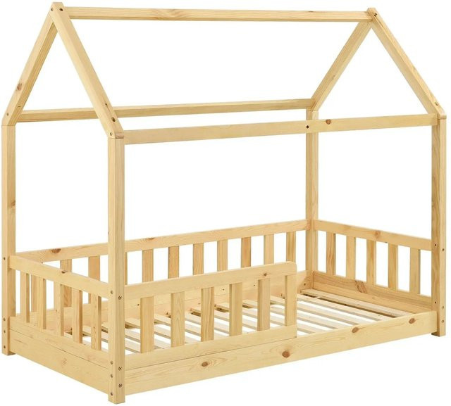 Juskys Kinderbett Marli Hausbett aus Kiefernholz mit Dach und Rausfallschutz, Farbe Braun, B/T/H: 160 x 80 x 143 cm - Bild 1