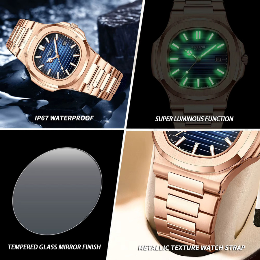 BINBOND Armbanduhr Quarz, Edelstahl, Blau, Roségold, Herren - Bild 4