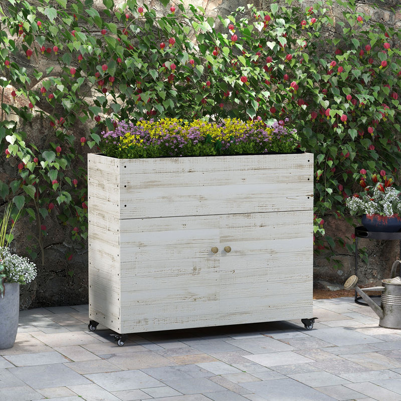 Outsunny Hochbeet aus Tannenholz mit Schrankfach und Rollen in Weiß, Pflanzkasten mit Vliesstoff für Garten und Balkon, B/T/H: 110 x 50 x 95 cm - Bild 2