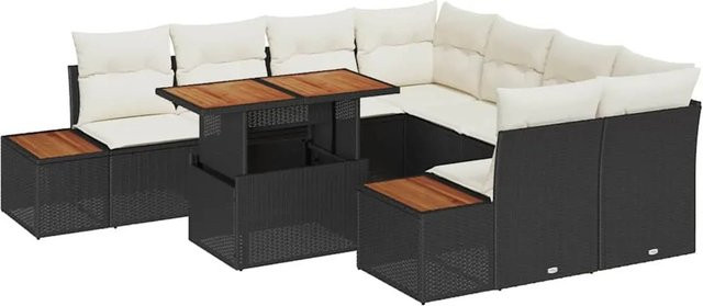 vidaXL 9-teiliges Gartensofa-Set mit Kissen und verstellbarem Tisch in Schwarz aus Poly-Rattan und Stahl - Bild 1