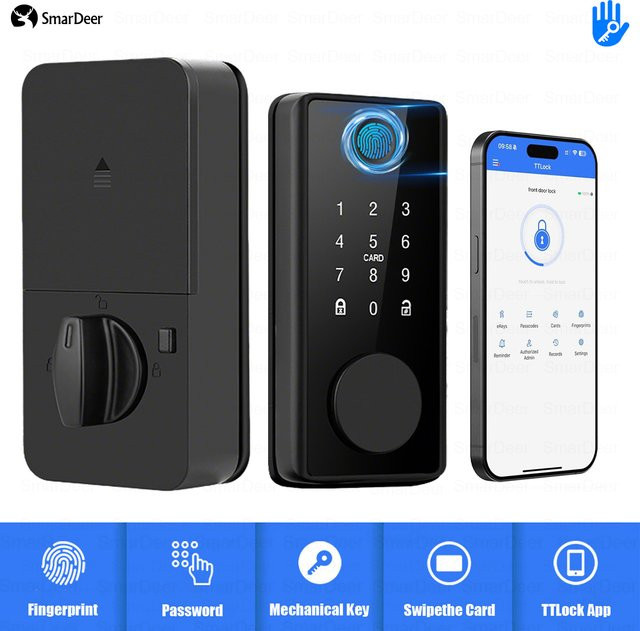 SmarDeer Elektronisches Smart Lock mit TTLock App-Steuerung, Fingerabdruck und Fernbedienung, Digitaler Riegel in Schwarz - Bild 1