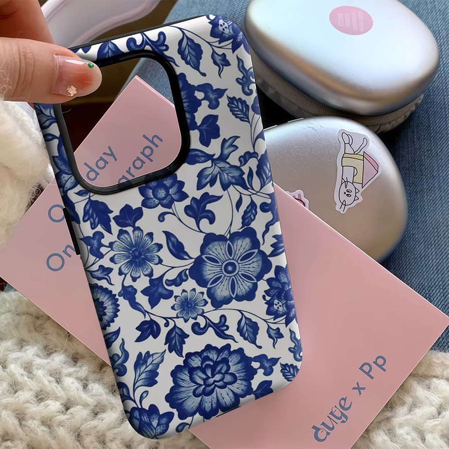 Blaue iPhone Handyhülle mit Porzellan-Design für Apple iPhone 17 16 15 14 13 12 11 Pro Max Plus mit doppelschichtiger Rückseite - Bild 5