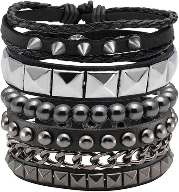 YIRAN Armband Set Leder, Nieten, grau, Unisex - Bild 1