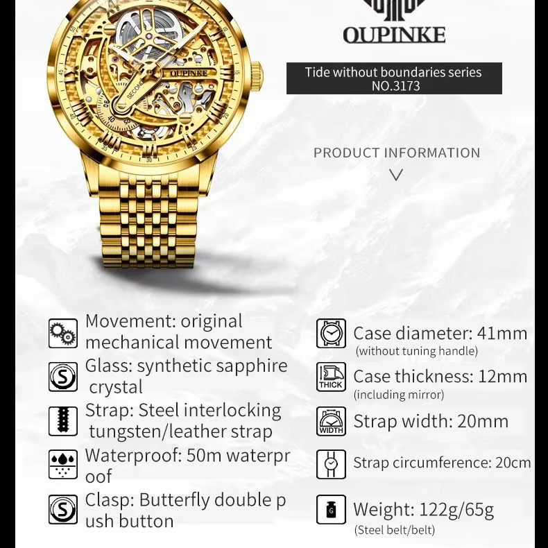 OUPINKE Armbanduhr, Automatik, Edelstahl, Gold, Herren - Bild 6