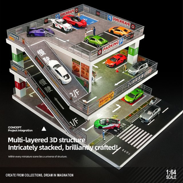 XUFAN Auto-Garage Diorama für 1/64 Maßstab Miniaturmodelle, Parkplatz Vitrine in Silber und Multicolour, moderne Spielzeug-Aufbewahrungsbox für Kinderzimmer-Deko - Bild 1