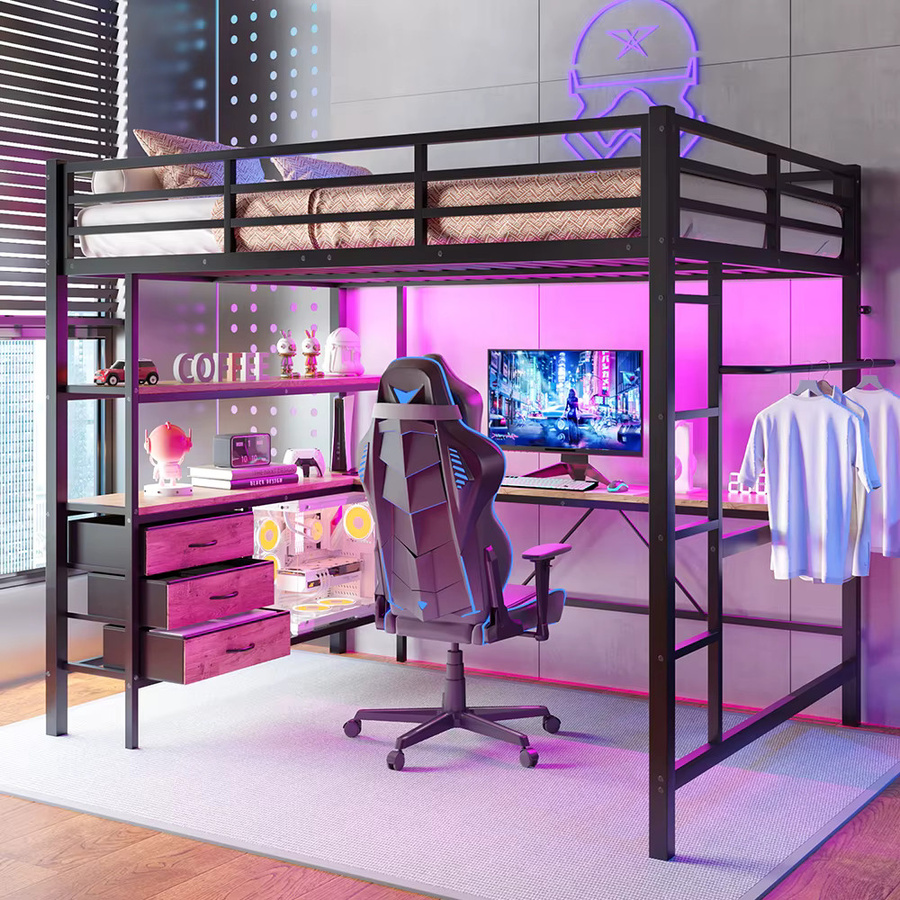 KOMHTOM Hochbett mit LED-Beleuchtung, Schreibtisch, USB-Ladestation, 3 Schubladen, Regalen und Treppe in Schwarz, B/T/H: 140 x 200 cm, ohne Matratze - Bild 2