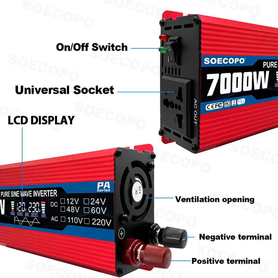 Soecopo Sinuswellen-Wechselrichter 7000 W, 12V/24V/48V/60V auf 110V/220V AC, Solarladegerät für Wohnmobil und netzunabhängige Nutzung, Farbe: Rot - Bild 3