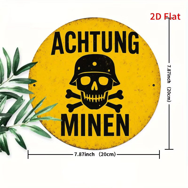 Rundes Vintage-Eisenschild Potdemiel Vorsicht vor Minen in Gelb, Durchmesser: 20,32 cm - Bild 2