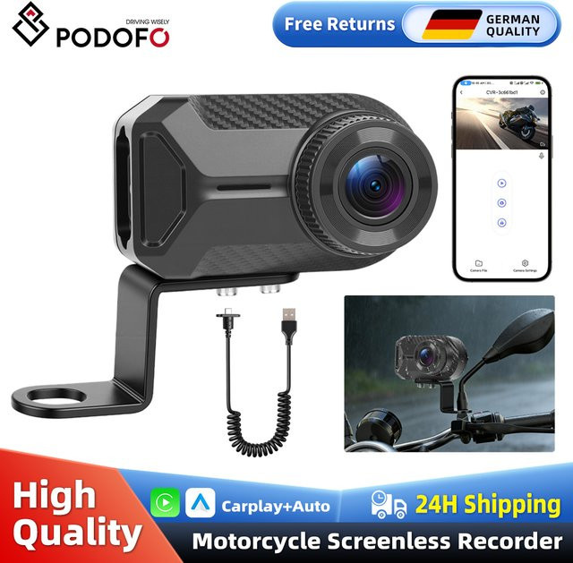 Podofo Full HD 1080P WiFi Motorrad-Dashcam Wasserdichte Videorekorder für Elektrofahrzeuge in Schwarz - Bild 1
