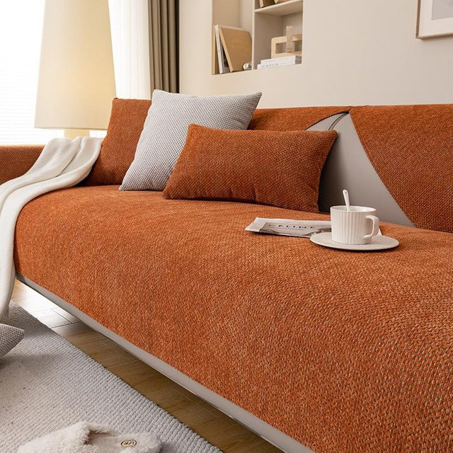 Hermès Sofakissen aus Chenille in Orange, rutschfester Überwurfstoff für Ledersitze, B/B: 120 x 70 cm - Bild 1