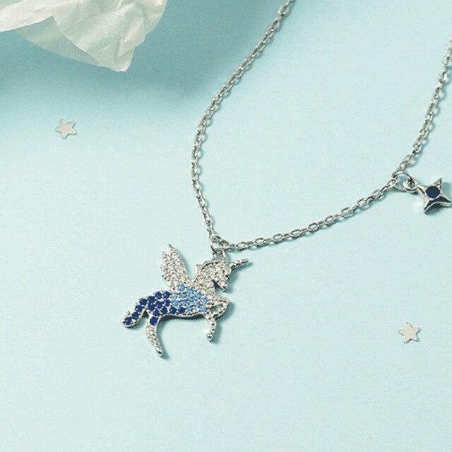 Halskette Anhänger Einhorn Kreuz, 925 Silber, Zirkonia, Damen, blau - Bild 1