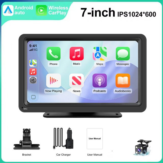 ANYFAR Autoradio mit 7 Zoll Display, kabelloses CarPlay und Android Auto, Multimedia-Player in Schwarz mit Bluetooth, Wi-Fi, USB und FM-Sender - Bild 1