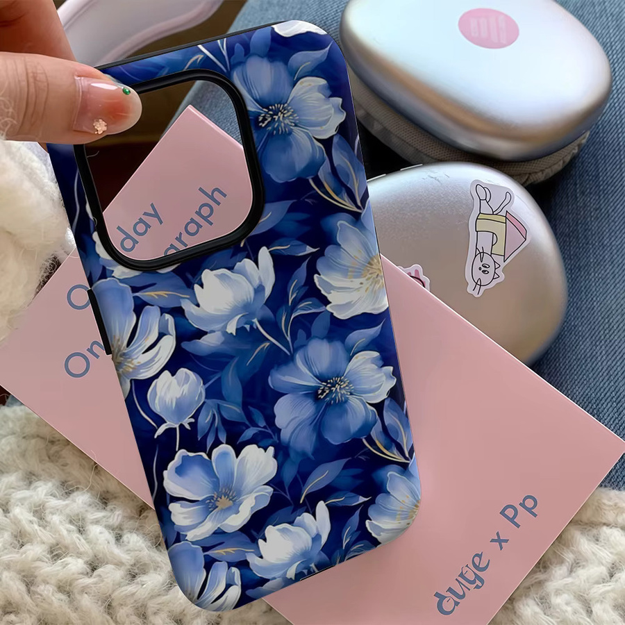 Marineblaue iPhone Hülle mit floralem Design für iPhone 17 16 15 14 13 12 Pro Max Plus mit doppelschichtiger Rückseite - Bild 5