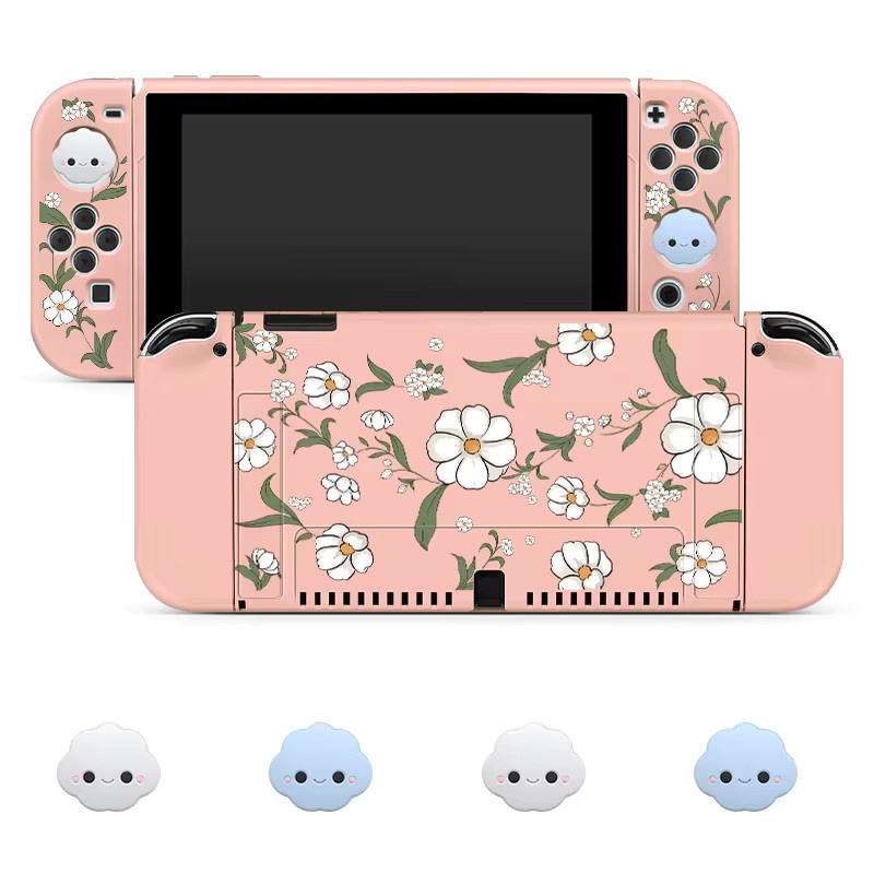 4er-Set Blumen Schutzhüllen mit Griffkappen für Nintendo Switch OLED in Blau und Pink - Bild 2