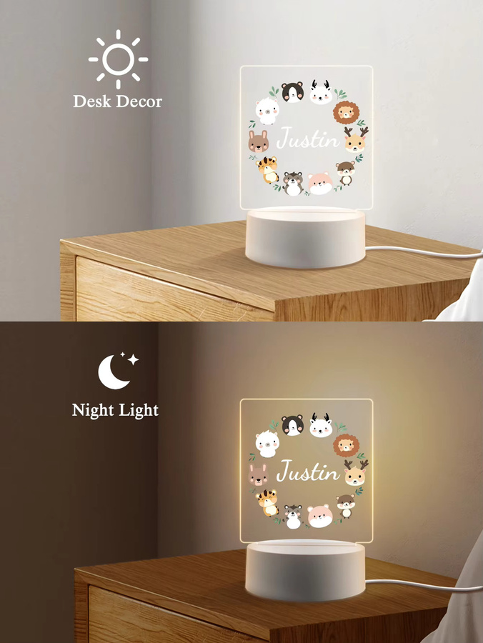 Personalisierte Kinder Tier Nachtlicht mit individuellem Namen aus Acryl, weißes Tischlicht für Baby- und Kinderzimmer zur Dekoration - Bild 3