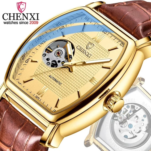 Chenxi Armbanduhr, Automatik, Tonneau, Schwarz, Gold, Leder, Herren - Bild 1