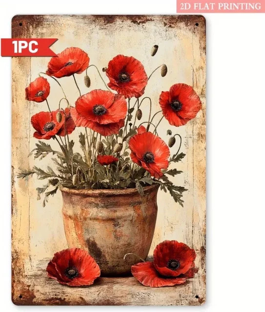 Potdemiel Wandkunst Mohnblumen aus Metall in Rot und Orange, Rustikales Vintage Blumenschild im Bauernhaus-Stil, Breite: 20,3 cm, Höhe: 30,5 cm - Bild 1