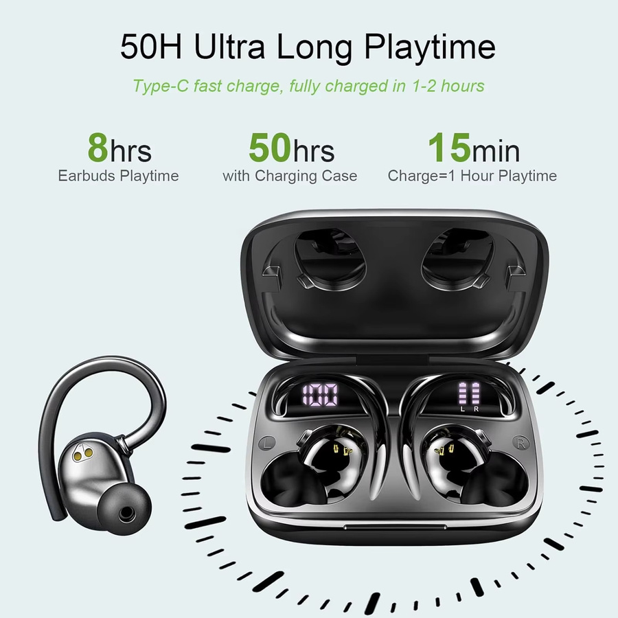 Btootos In-Ear Bluetooth 5.3 Kopfhörer mit Mikrofon, IP7 wasserdicht, 50 Stunden Wiedergabe, Schwarz - Bild 3
