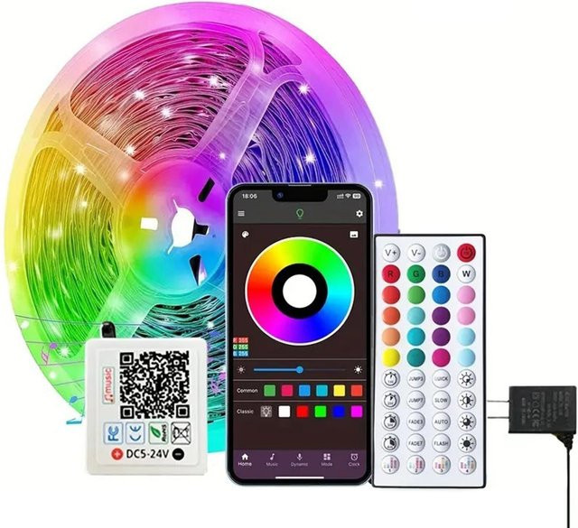 TOMTOP JMS RGB LED Umgebungslichtstreifen mit App- und Fernbedienung, 20m, Multicolour mit Musiksynchronisation und Timerfunktion - Bild 1