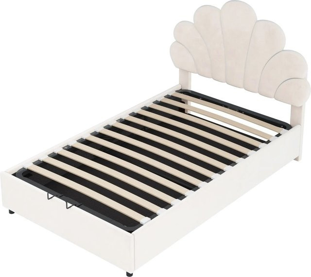 Merax Kinderbett mit Blumenmuster aus Samt in Beige und Pink mit Hydraulikfunktion B/T/H: 90 x 200 x 41 cm - Bild 1