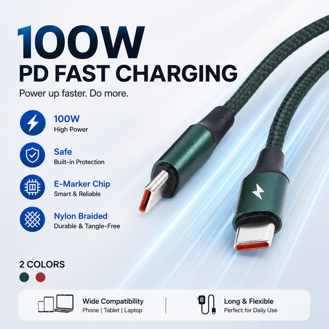 100W USB-C zu USB-C Kabel mit E-Marker und Nylon-Umflechtung in Rot für Laptop, Tablet und Smartphone - Bild 1