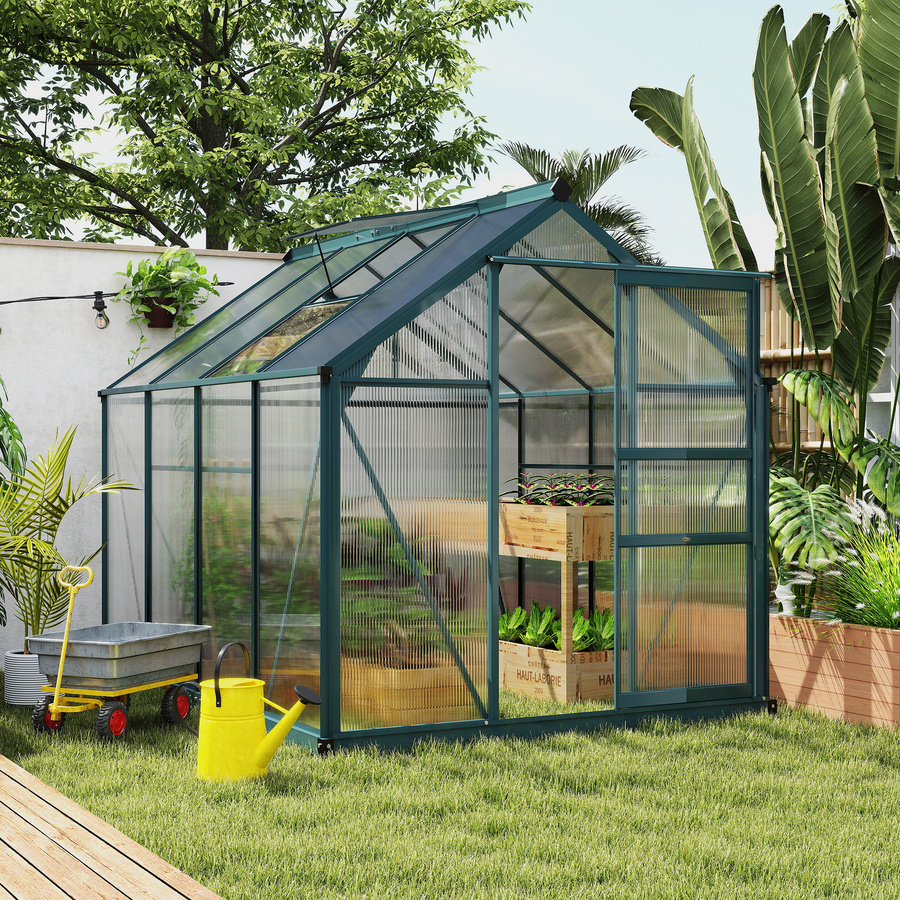 Outsunny Gewächshaus mit Aluminiumrahmen und Polycarbonat-Verglasung, begehbar mit Dachfenster, Tür und Fundament, B/T/H: 252 x 190 x 201 cm - Bild 2