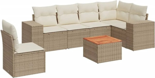 vidaXL 7-teilige Garten-Sofagarnitur in L-Form aus Poly-Rattan und Akazienholz in Beige mit UV-beständigen Kissen - Bild 1