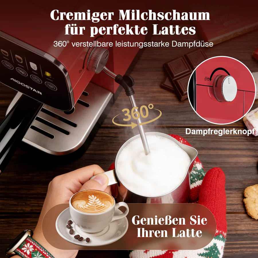 Aigostar Espresso Siebträgermaschine in Rot aus Edelstahl mit 20 Bar Druck, Digitalem Touchpanel, Milchaufschäumer und 0,9 l Wassertank, kompatibel mit Kapseln und gemahlenem Kaffee - Bild 4
