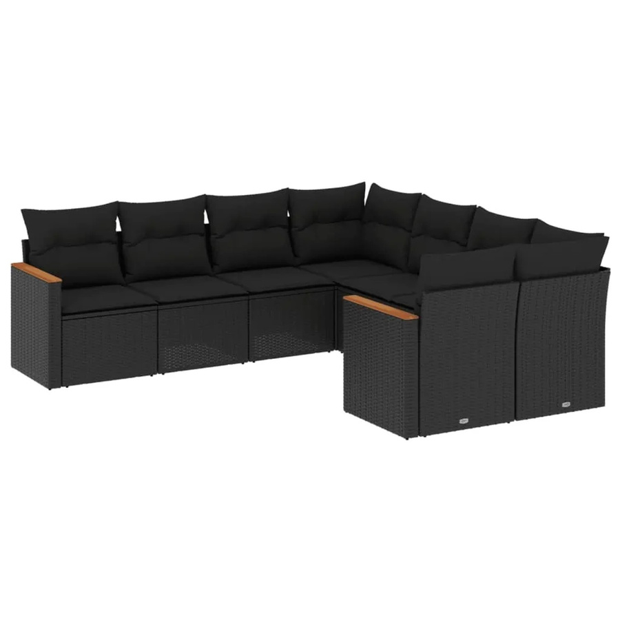 vidaXL 8-teilige Garten-Sofagarnitur in L-Form aus Poly-Rattan und Akazienholz mit Kissen in Schwarz - Bild 2