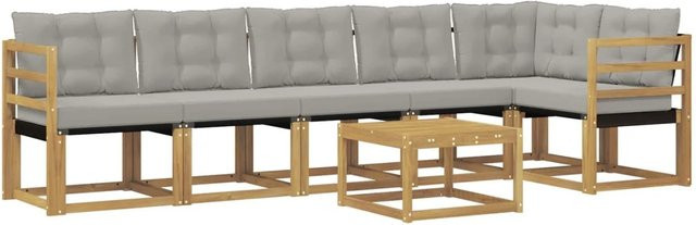 vidaXL Outdoor-Sofagarnitur 7-teilig aus Akazienholz mit Textilene und Kissen in Weiß-Hellgrau - Bild 1