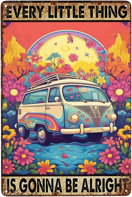 OMMIIY Decor Vintage Blechschild Hippie-Poster Every Little Thing is Gonna Be Alright Wandkunst aus Metall in Multicolour, B/H: 20 x 14 cm - Bild 1