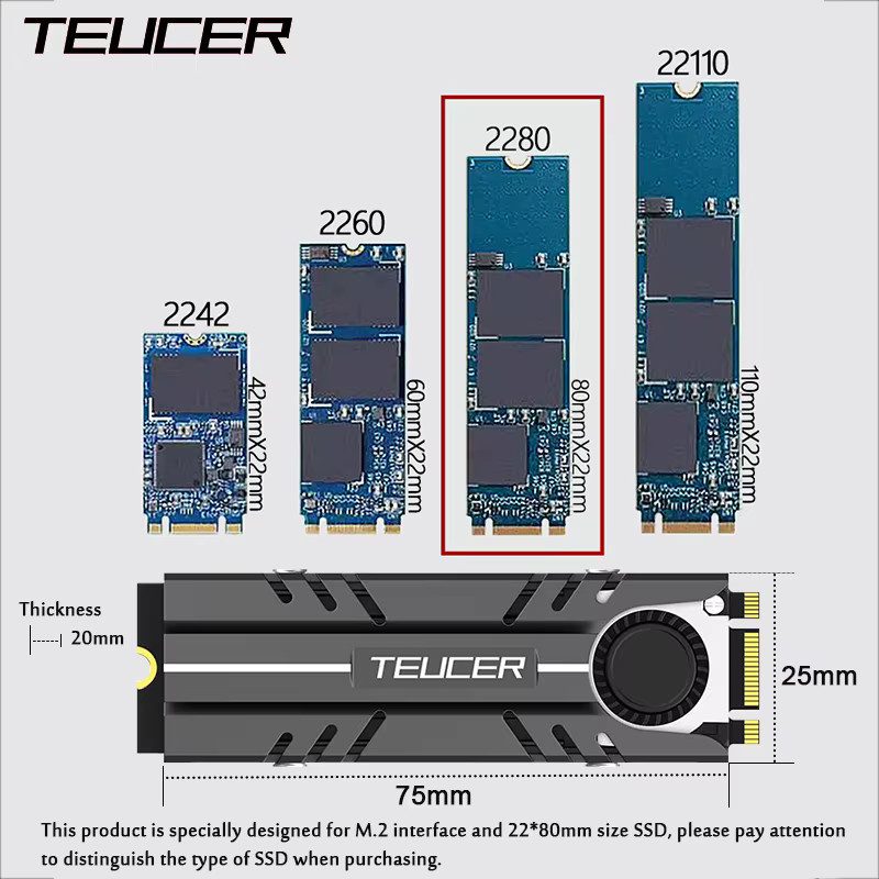 TEUCER M.2 NVMe SSD Kühlkörper mit aktivem Lüfter und Wärmeleitpad, Schwarz - Bild 2