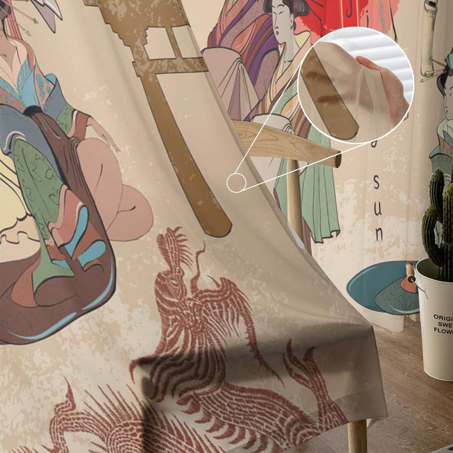 Japanische Geisha mit Drache und Bambus Tüll-Vorhang in Rot, Breite: 135 cm, Höhe: 115 cm - Bild 2