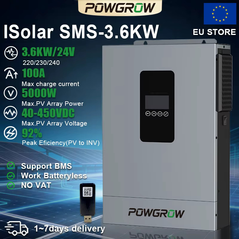 POWGROW Hybrid-Solarwechselrichter 3,6kW 24V mit 100A MPPT Solarladegerät und WLAN-Modul, Grau - Bild 2