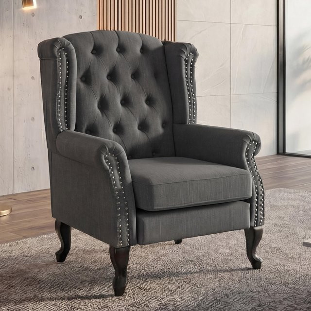 MCW Chesterfield Oxford Relaxsessel in Dunkelgrau mit Rautenmuster aus Textilstoff - Bild 1