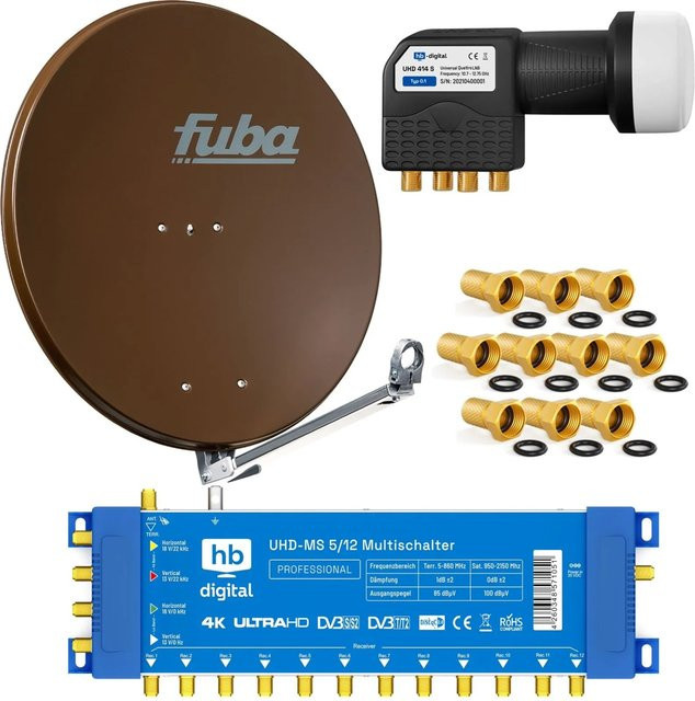 hb-digital SAT Anlage Fuba DAL 800 in Braun mit Multischalter MS 5/12 und Quattro LNB, Durchmesser: 80 cm - Bild 1