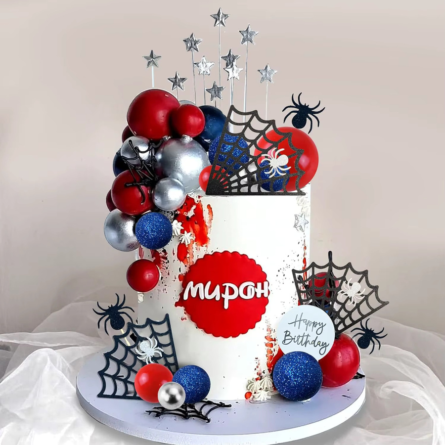 Spinnen-Thema Kuchendekoration, Cupcake-Topper, Stern, Rot, Silber, Blau - Bild 3