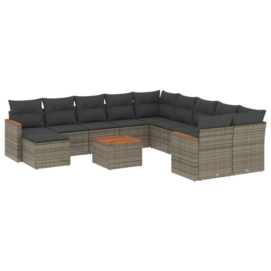 vidaXL 12-teilige Garten-Sofagarnitur aus Poly-Rattan und Akazienholz in Grau mit Kissen - Bild 2