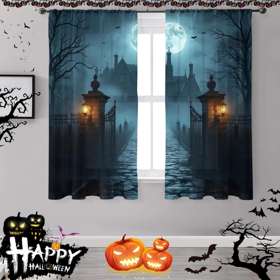 Yiran Furniture Halloween Vorhänge im Gothic-Stil mit Schloss-Nachtszene, 2er-Set, halbtransparent, B: 35 cm, H: 100 cm - Bild 2