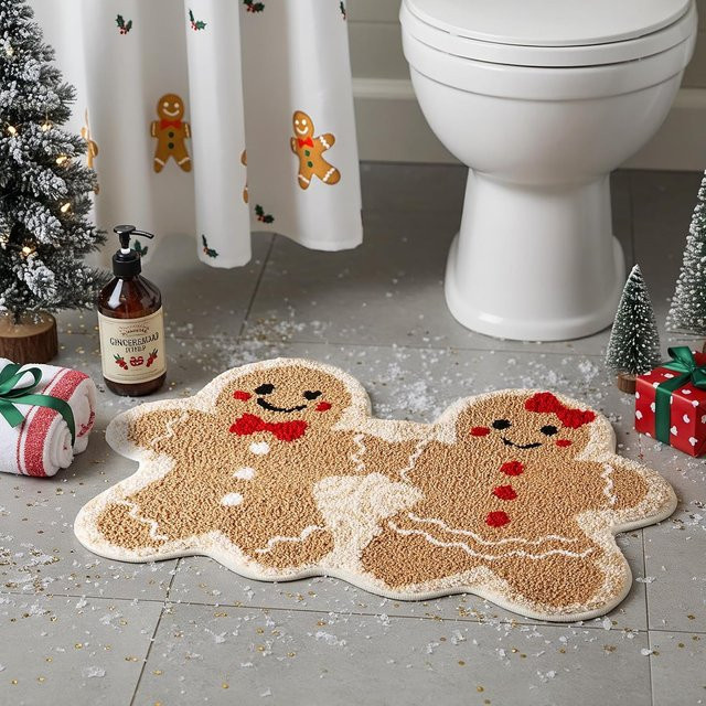 VIKAMA Weihnachtliche Lebkuchenmann Paar Teppich, weiche und rutschfeste Fußmatte für Schlafzimmer und Badezimmer, Multicolor - Bild 1