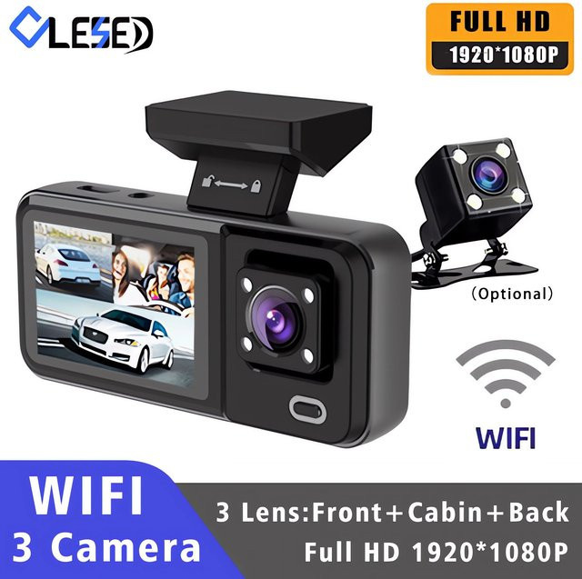 OLESED 3-Kanal Dashcam mit Wifi und Full HD 1080P, Dual-Linse Video Recorder für 24H Parküberwachung, Schwarz - Bild 1