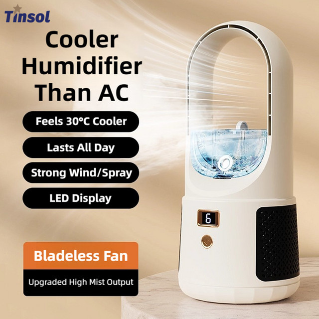 TINSOL Luftbefeuchter und blattloser Luftkühler in Weiß, USB-aufladbarer vertikaler Turmventilator mit digitaler Anzeige und starkem Wind - Bild 1